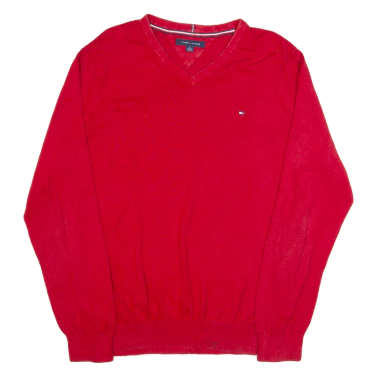 TOMMY HILFIGER Mens Jumper Red V-Neck Tight Knit XL