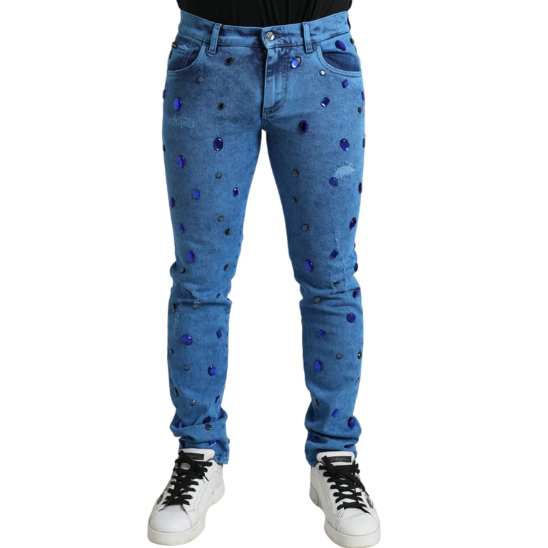 Dolce & Gabbana Blue Crystal Embellished Skinny Denim Jeans Cotton Polyester Elastane Clothing - Men