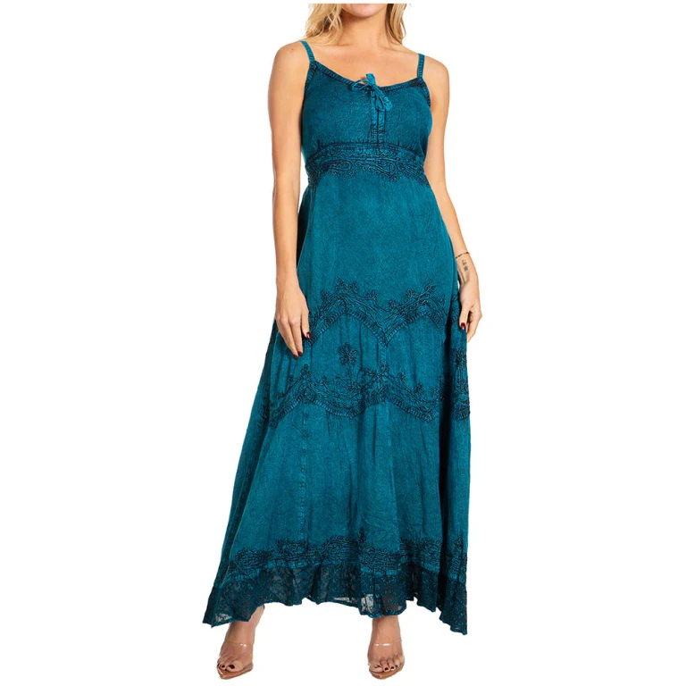 MKY Amy Stonewashed Rayon Embroidered Adjustable Spaghetti Straps Long Dress