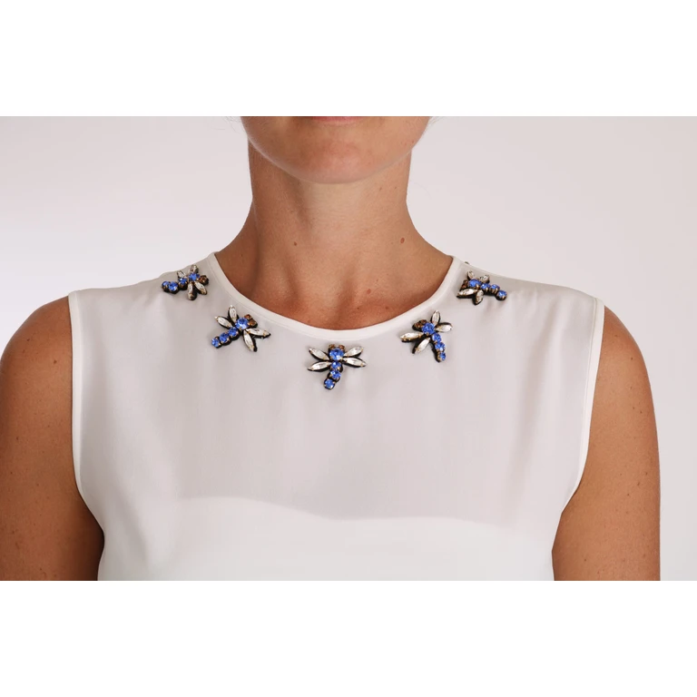 Dolce & Gabbana White Silk Crystal Embellished Fly T-Shirt - Women