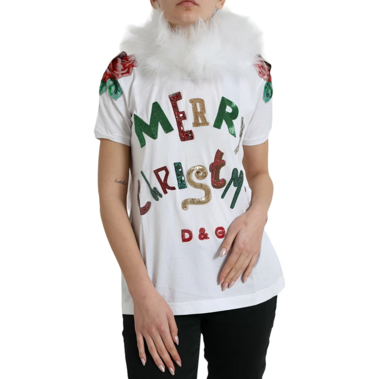 Dolce & Gabbana White Cotton Christmas Sequin Fur T-Shirt - Women