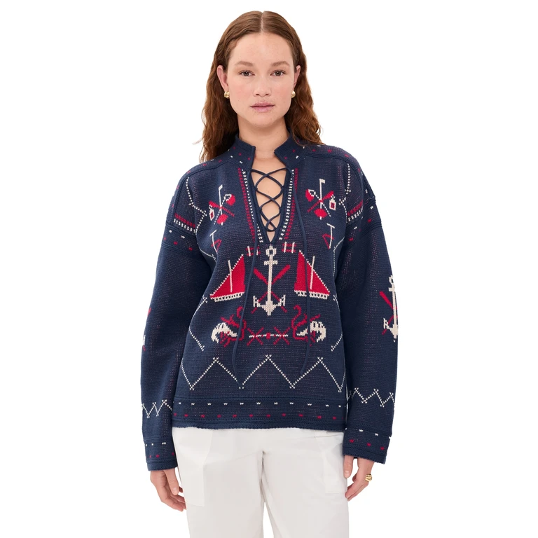 THE GREAT. The Fisherman Lace Up Pullover Navy 0