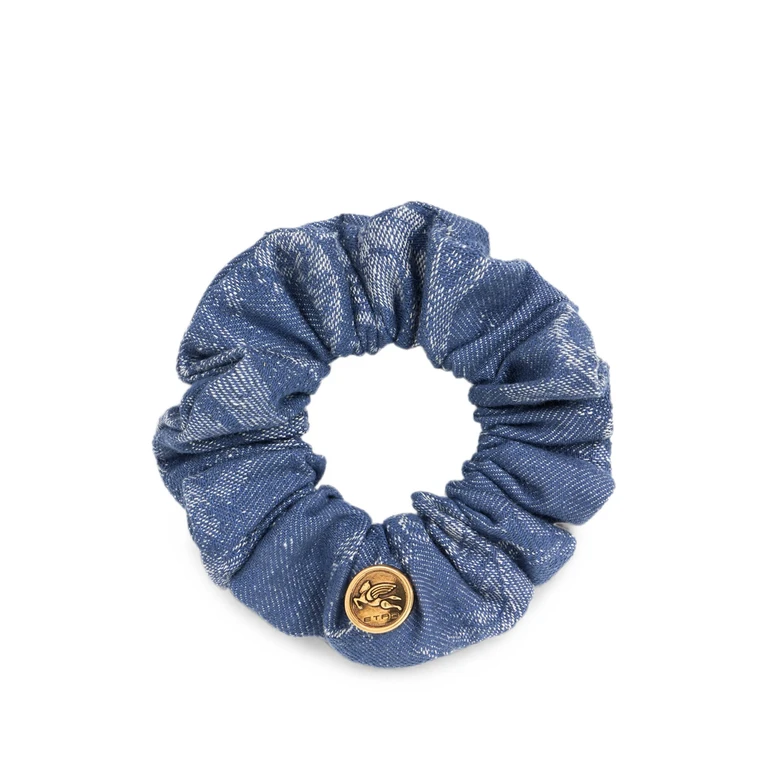 COTTON AND LINEN JACQUARD DENIM SCRUNCHIE WITH LEAFY MOTIF