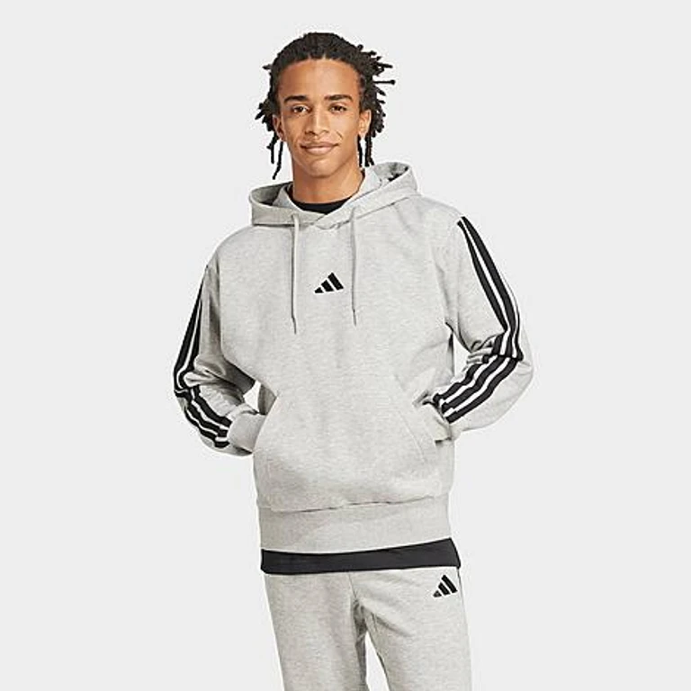 adidas Men's Essentials 3-Stripes Fleece Pullover Hoodie in Medium Grey Heather/Black Size: Small