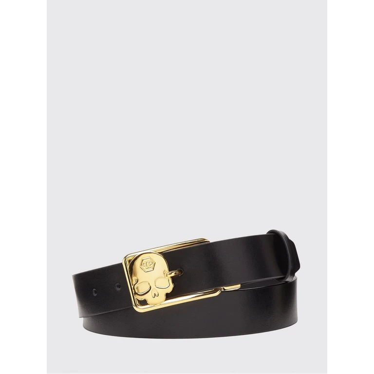 Smooth Leather Belt with Skull and Hexagon Logo Buckle (FAAAMVA0697PLE010N0216)