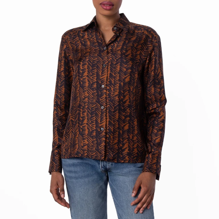 Bally Abstract Print Long-Sleeved Silk Shirt, Brand Size 40 ( US Size 4 )