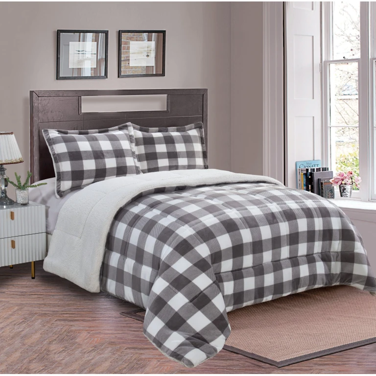 3-Piece Buffalo Micro-Suede Reversible Sherpa - Lodge-Plaid Pattern Comforter Set