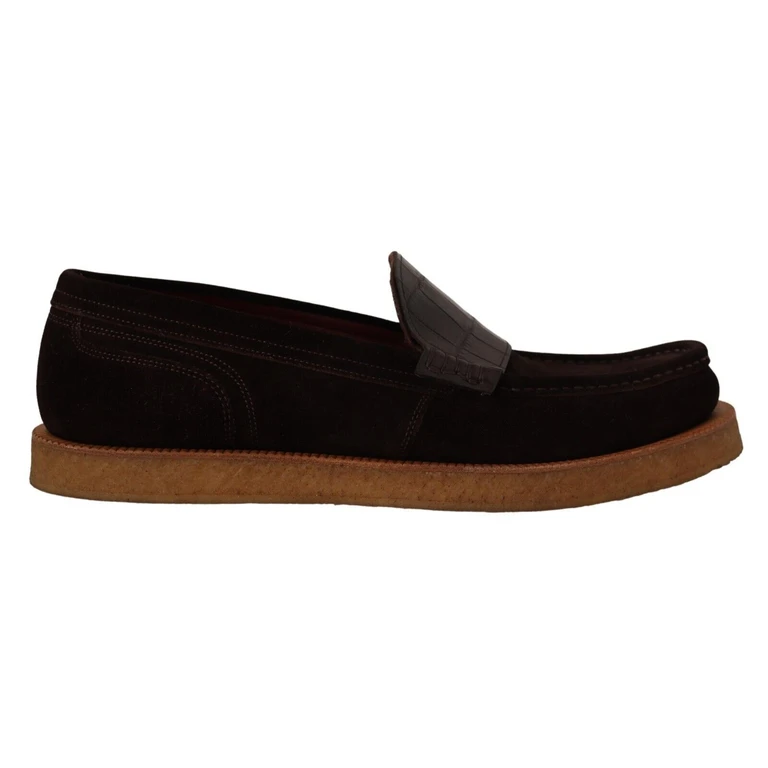 Dolce & Gabbana Brown Suede Leather Slip On Flats Moccasin Shoes Crocodile - Men