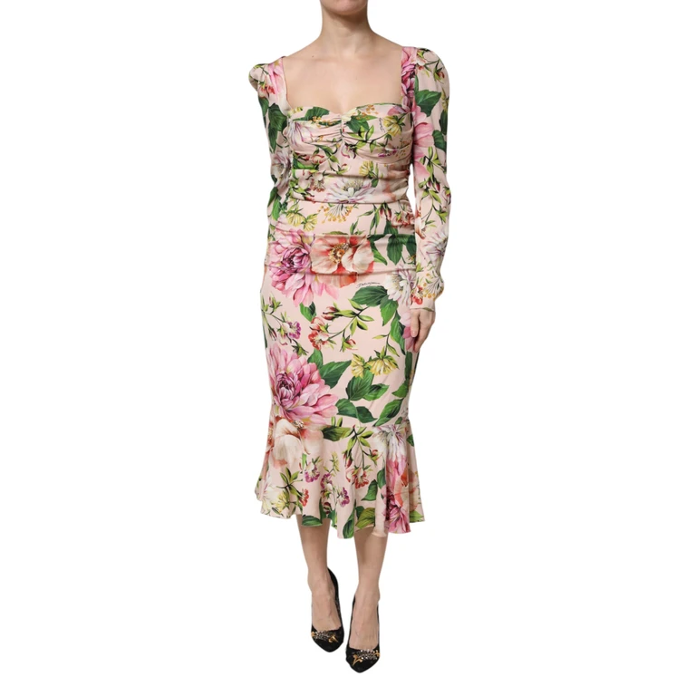 Dolce & Gabbana Pink Floral Silk Fit And Flared Midi Dress Elastane - Women