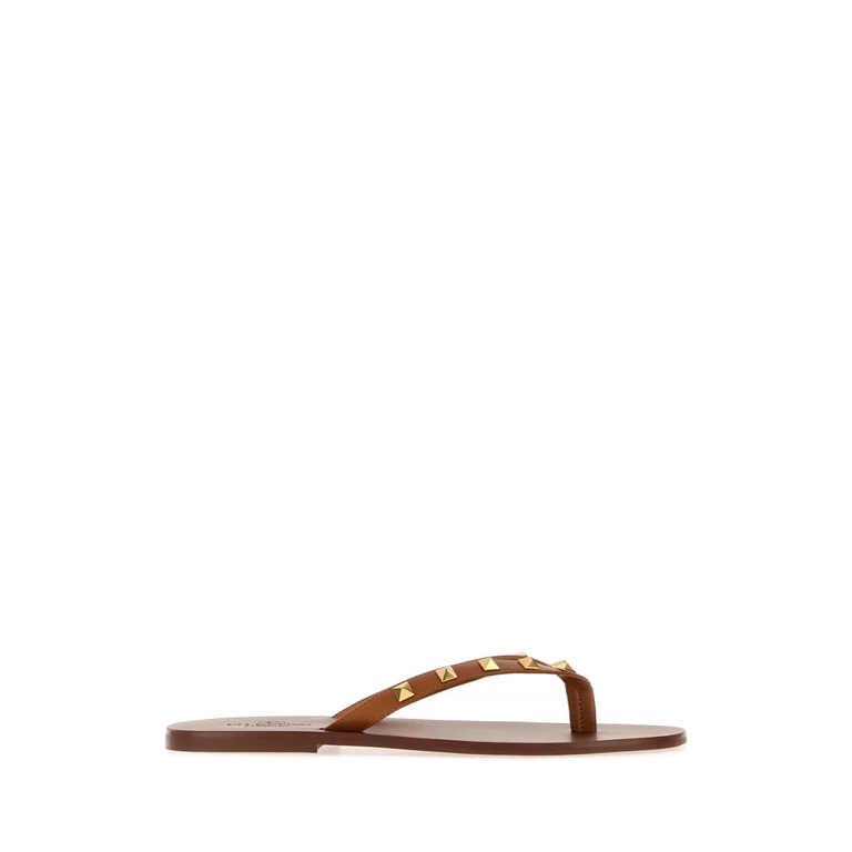 Valentino Garavani Brown Leather Rockstud Thong Slippers Roastedpecan - Men