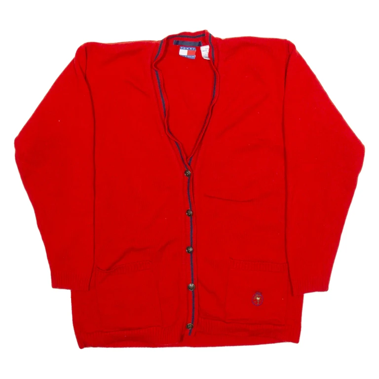 TOMMY HILFIGER Womens Cardigan Red Button Neck Tight Knit Wool S