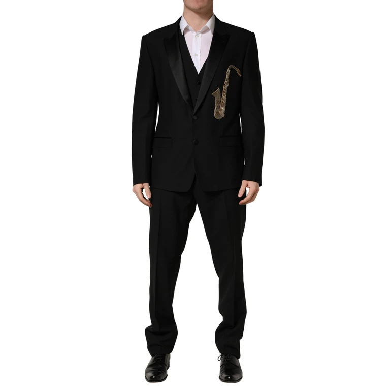 Black Wool Silk Saxophone Slim Fit 3pc Suit Virgin Polyester - Men