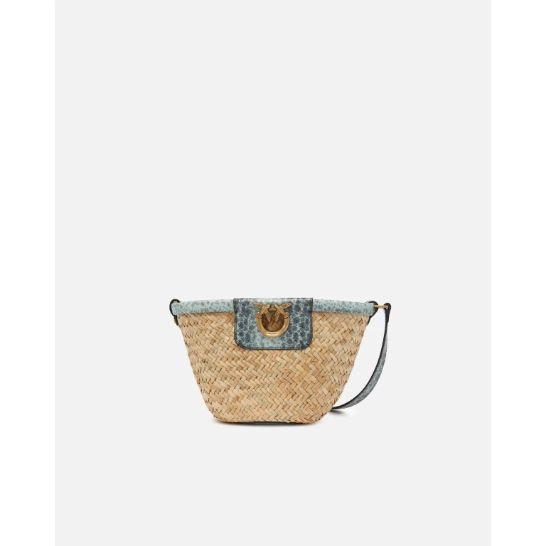 Pinko - Petit sac seau en raphia tressé et en cuir