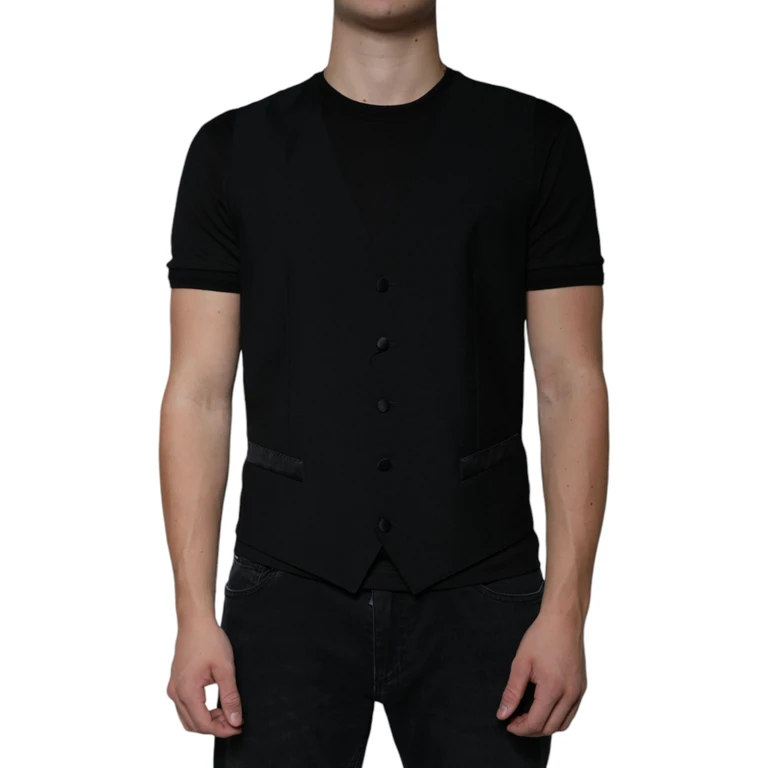 Dolce & Gabbana Black Wool Formal Dress Men Waistcoat Vest Virgin Silk Polyester - Men