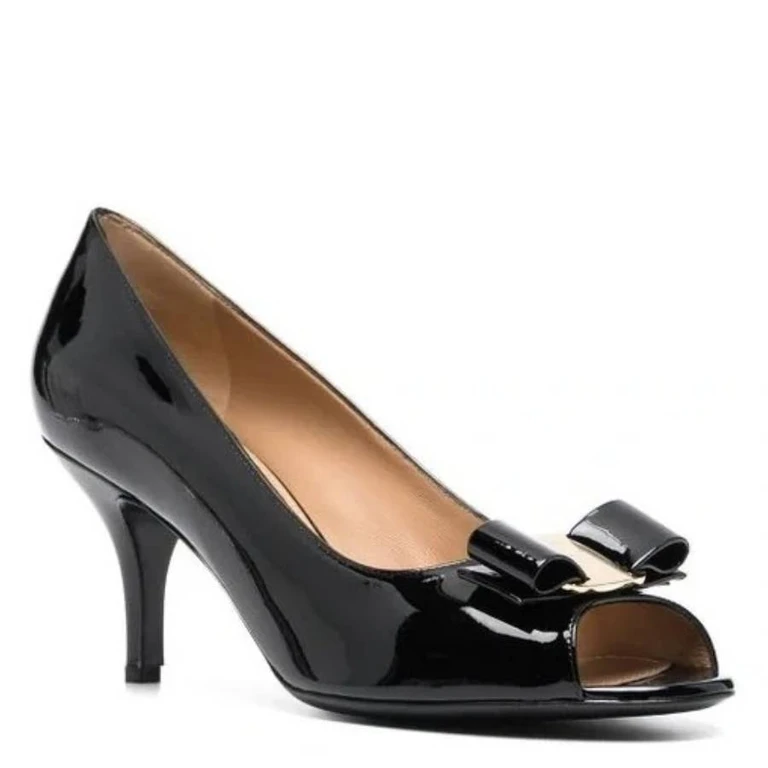Ferragamo Black Leather Lapua Patent Pumps, Size 7 C