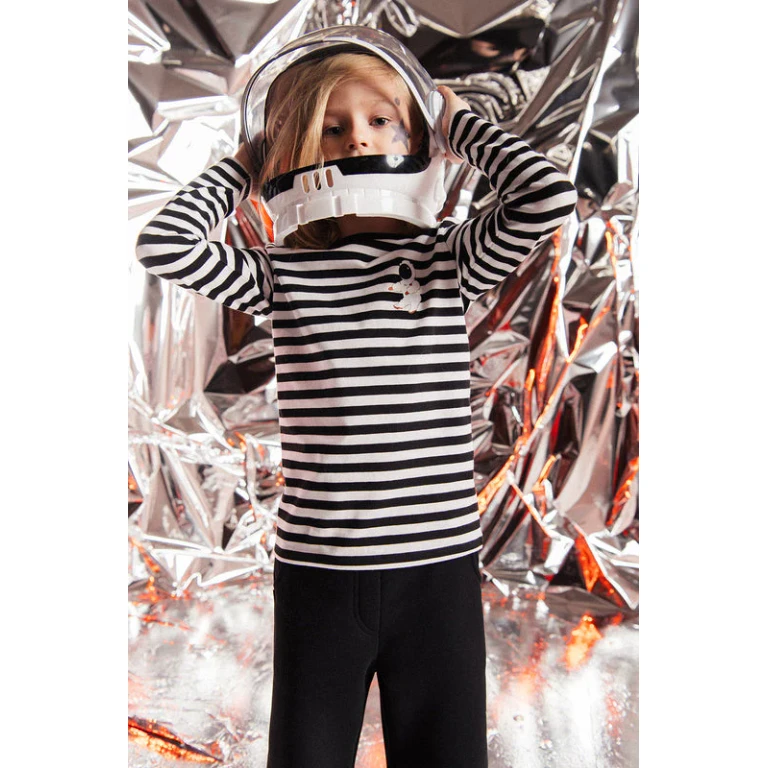 Organic Kids Long Sleeve Top - Black & White Stripes - 1-2 years