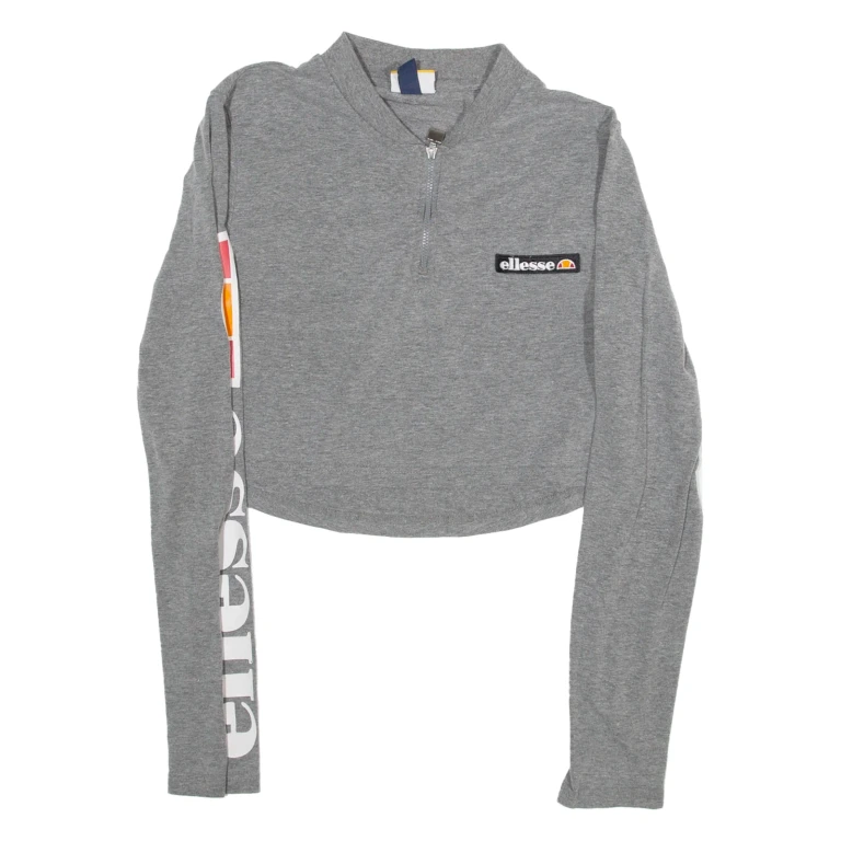 ELLESSE Cropped Womens T-Shirt Grey Long Sleeve 1/4 Zip UK 8