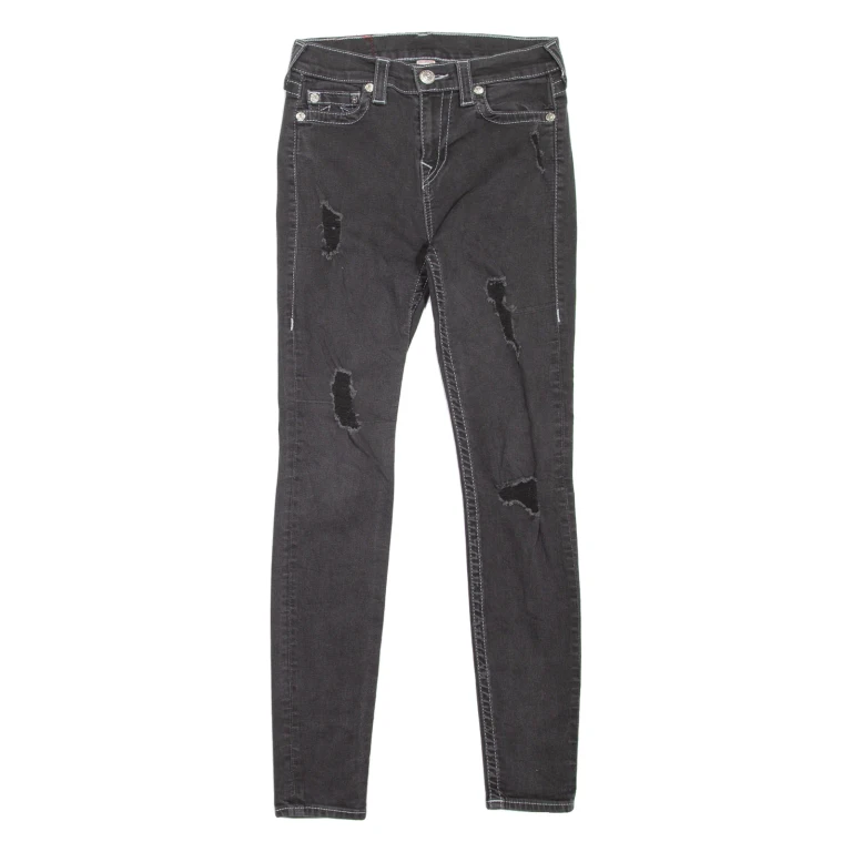 TRUE RELIGION High Waisted Distressed Womens Jeans Black Slim Skinny W25 L29