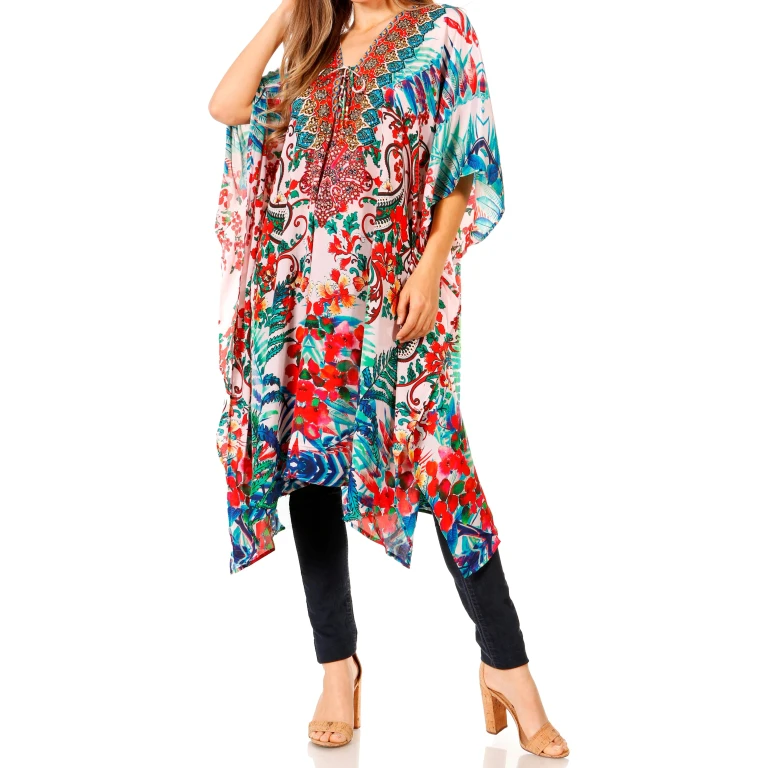 Sakkas Zeni Women's Short sleeve V-neck Summer Floral Print Caftan Dress Cover-up
