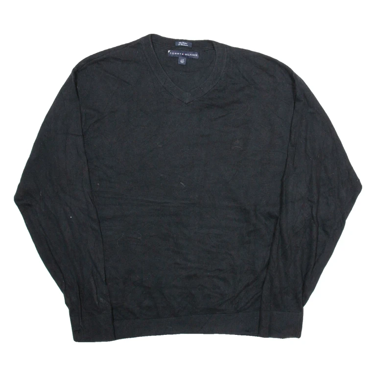 TOMMY HILFIGER Mens Jumper Black V-Neck Tight Knit L