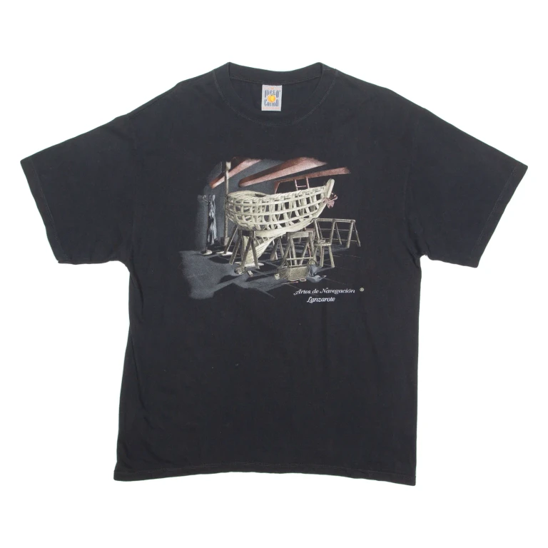 MELO COTTON Boat Mens T-Shirt Black Crew Neck M