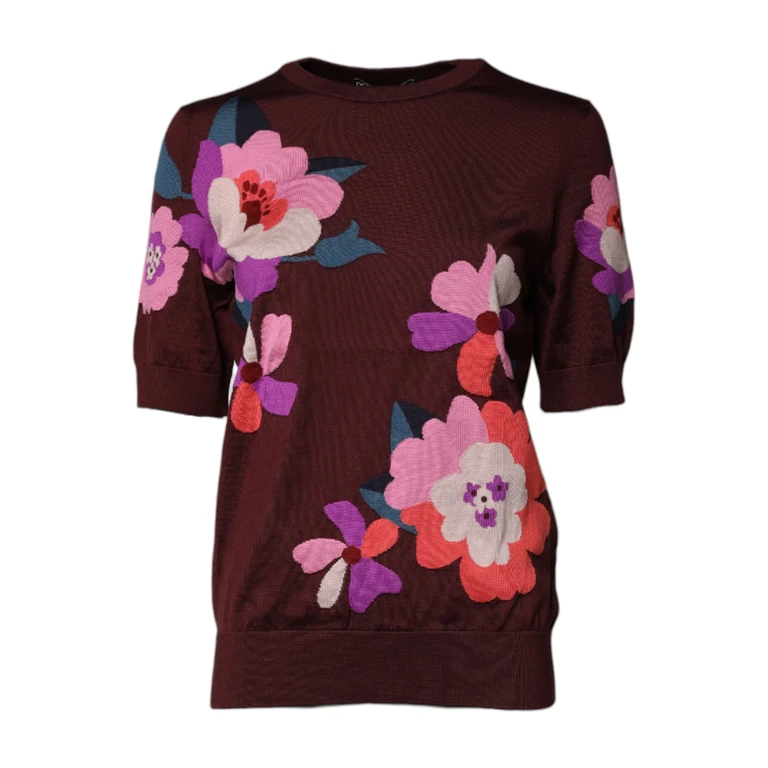 Dolce & Gabbana Maroon Floral Silk Crew Neck Blouse Top - Women