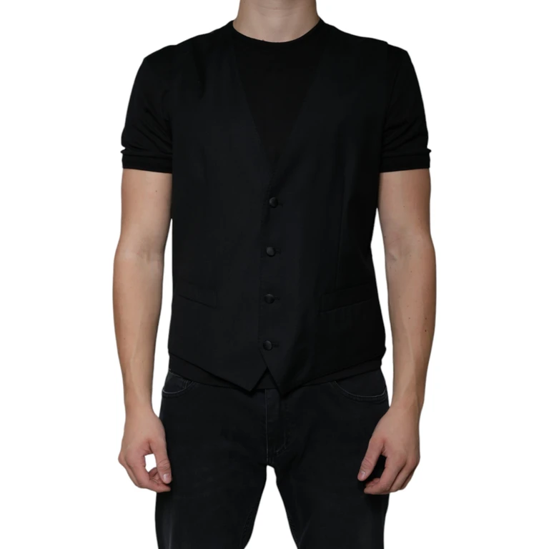 Dolce & Gabbana Black Wool Waistcoat Dress Formal Vest Virgin Elastane - Men