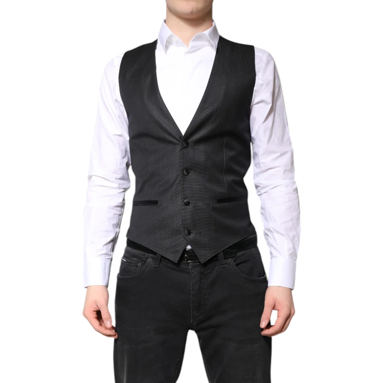 Dolce & Gabbana Black Wool Waistcoat Dress Formal Vest Virgin Silk Polyester - Men