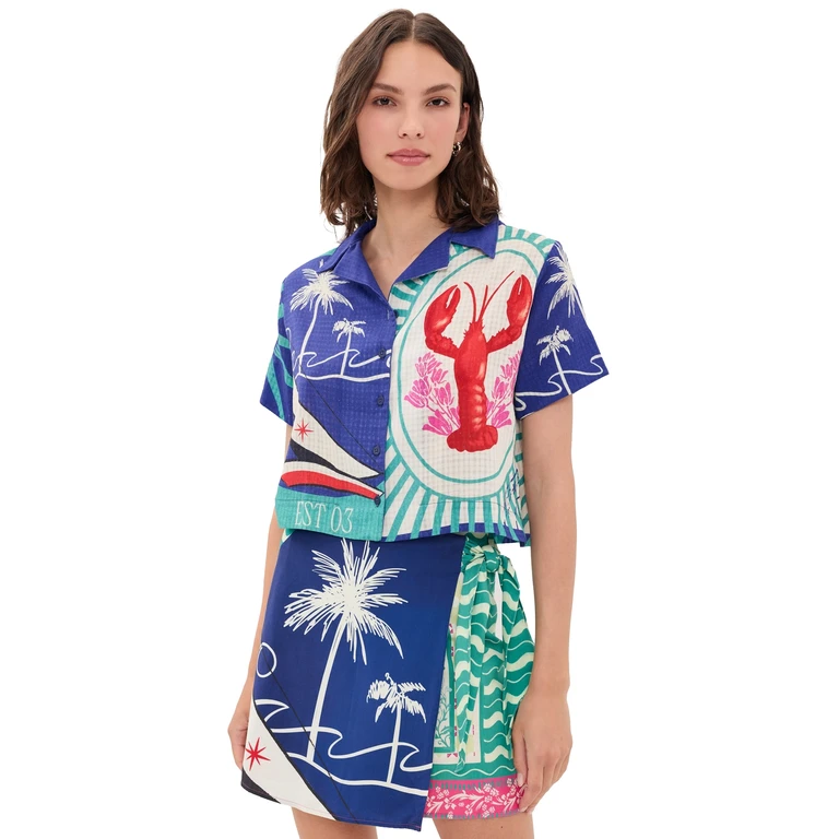 Agua Bendita Prim Cropped Button Down Shirt Multicolor M