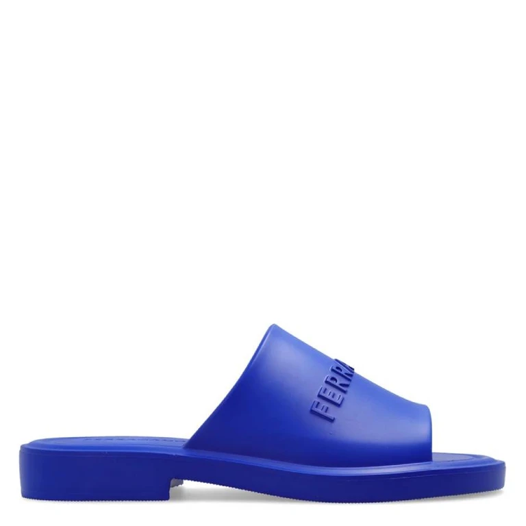 Ferragamo Mens Blue Logo-Embossed Slip-On Sandals