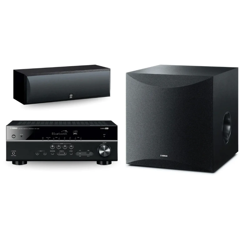 RX-V385 5.1-Channel 4K Ultra HD AV Receiver with NS-SW100BL 10" 100W Powered Subwoofer and NS-C210BL Center Channel Speaker (Bundle)