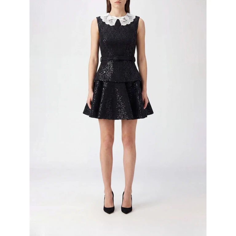 A-Line Wool Bouclé Mini Dress with Lace and Sequins (PF26002SBCBLACK)