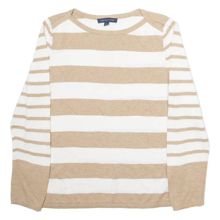TOMMY HILFIGER Womens Patterned Jumper Brown Striped Tight Knit L