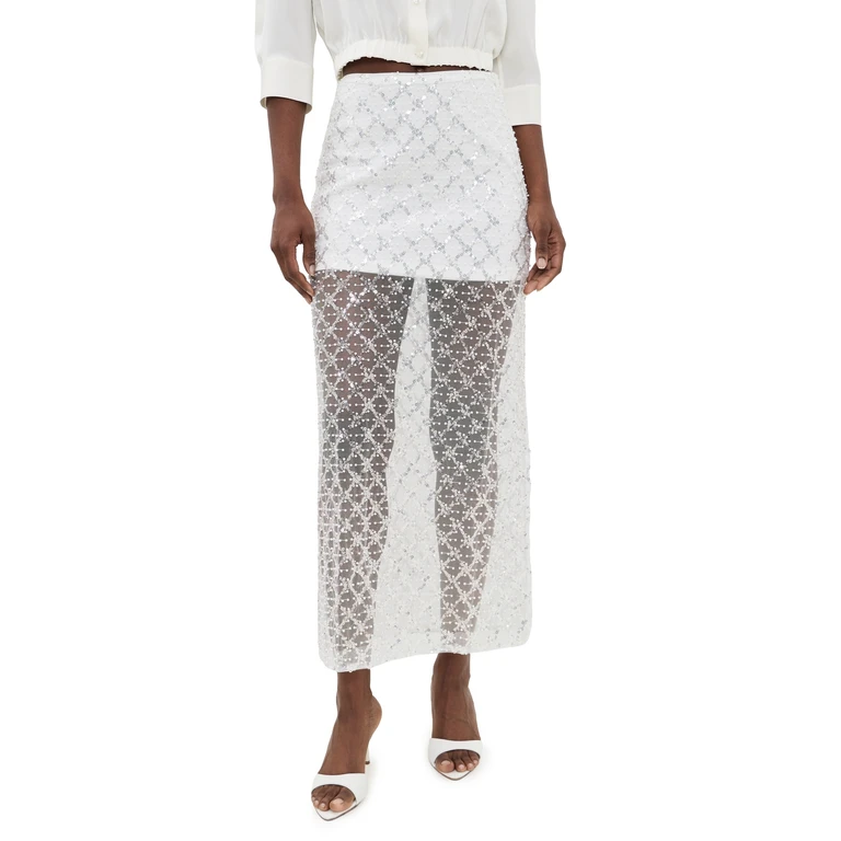 endless rose Embellished Mesh Maxi Skirt White L