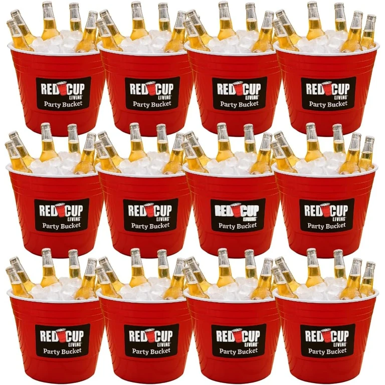 Reusable Red Plastic Ice Bucket for Parties Set of 12 - Large Beverage Tub, Wine Cooler, Beer Bucket, Drink Holder for Indoor/Outdoor Bars, Galvanized Tubs, Father's Day Party Celebration Unbreakable