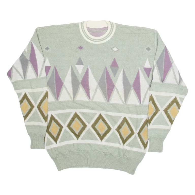 Womens Patterned Jumper Green Geometric Tight Knit M
