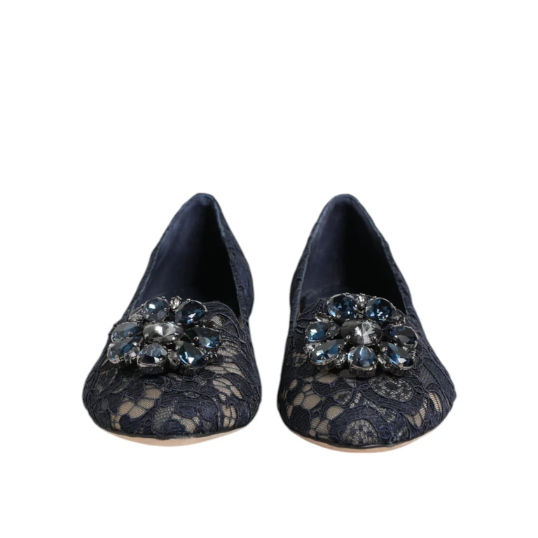 Dolce & Gabbana Blue Taormina Lace Crystals Flats Shoes Viscose Cotton Nylon - Women