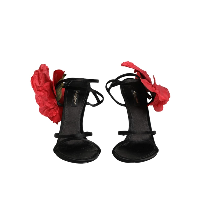 Black Leather Strappy Flower Heels Sandals Shoes Se+vi+goat - Women
