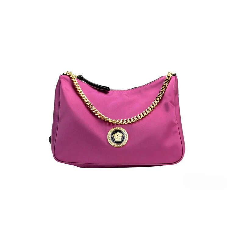 Versace Small Dahlia Nylon Fabric Medusa Pendant Crossbody Shoulder Purse Bag Gold Leather - Women