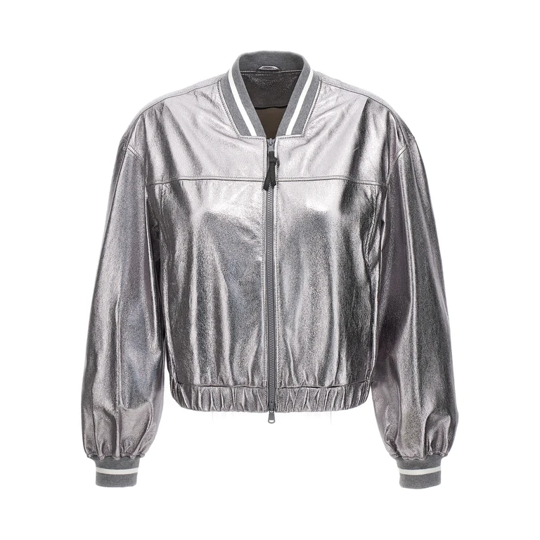 Brunello Cucinelli Silver Leather Bomber Clothing - Women