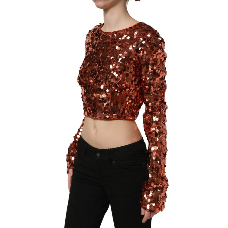 Red Sequined Long Sleeves Crop Blouse Top Nylon - Women