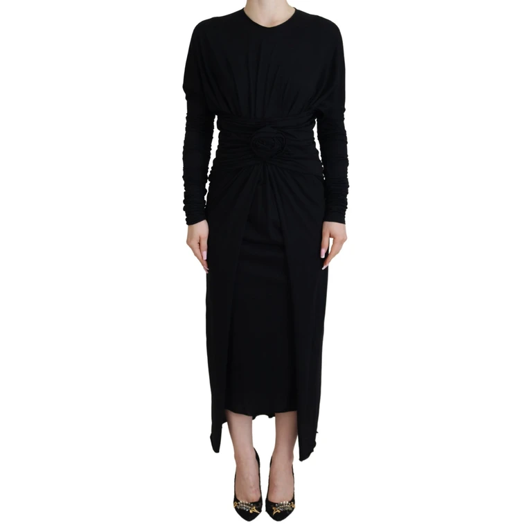 Black Sheath Midi Gown Wool Wrap Dress - Women