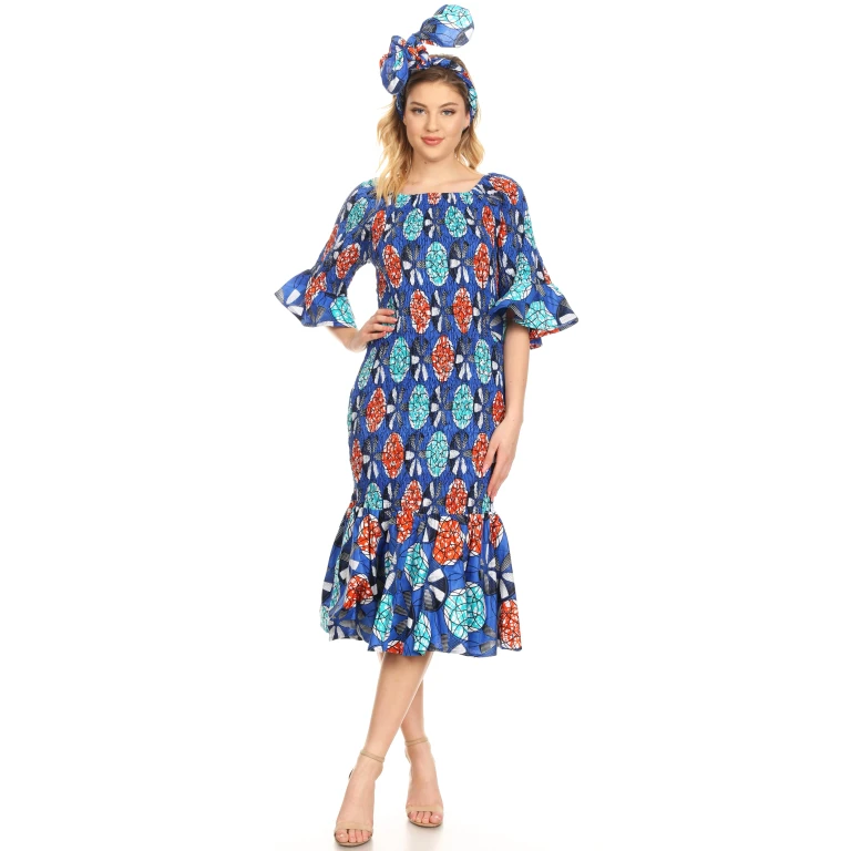Sakkas Zarah Women's African Ankara Body-con Off shoulder Mermaid Pocket Dress