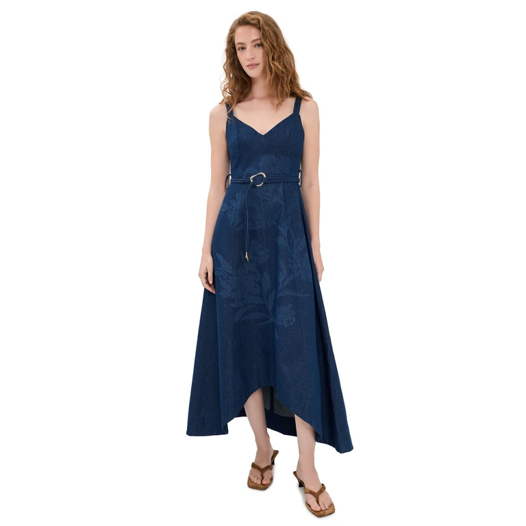 Moon River Self Belt Midi Denim Dress Indigo XS