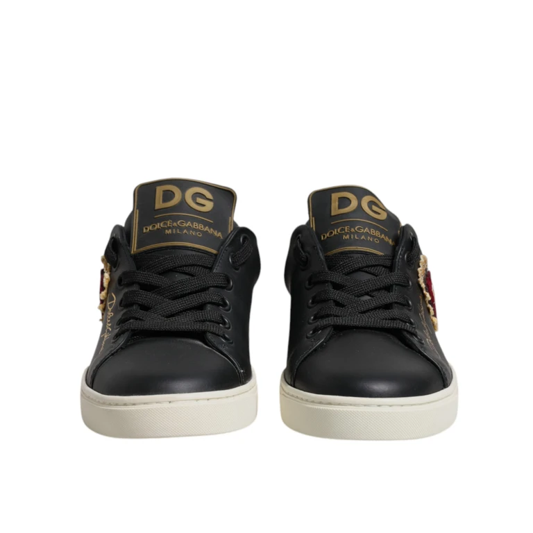 Dolce & Gabbana Black Leather Gold Red Heart Sneakers Shoes - Women