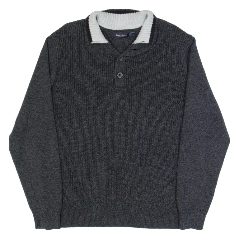 NAUTICA Mens Jumper Grey Button Neck Tight Knit L