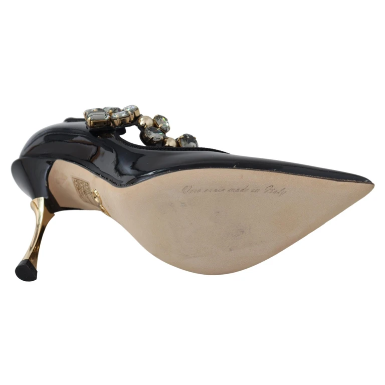 Dolce & Gabbana Black Leather Crystal Shoes Mary Jane Pumps Viscose - Women