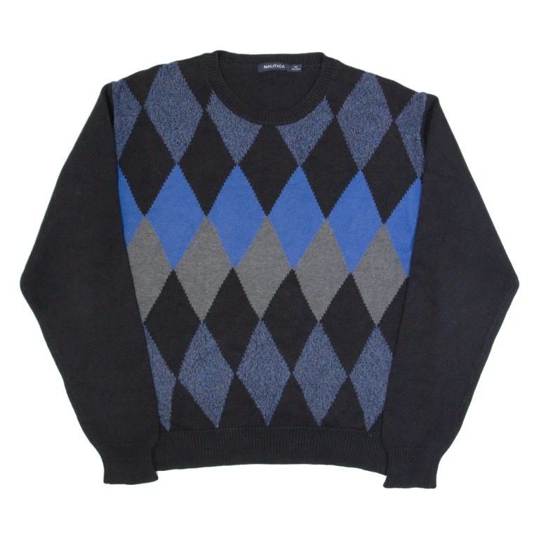 NAUTICA Mens Patterned Jumper Black Argyle Tight Knit M