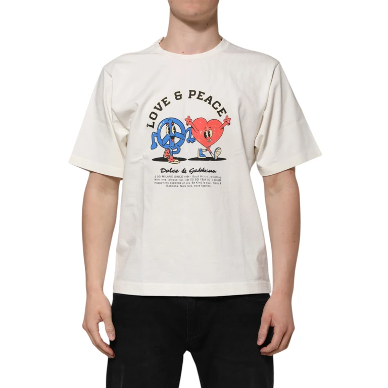 Dolce & Gabbana White Love Peace Cotton Men Crew Neck T-Shirt - Men