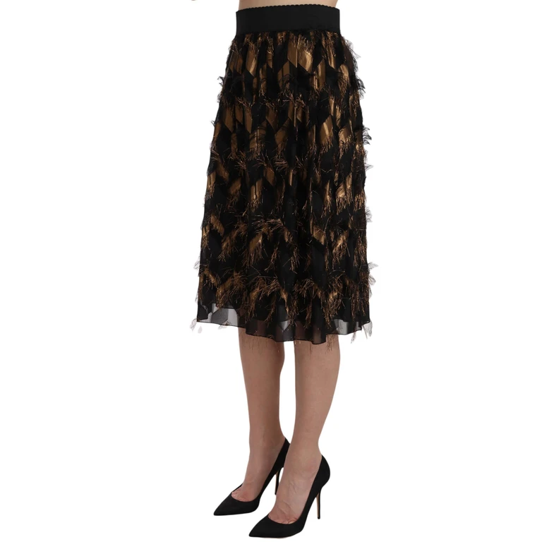 Dolce & Gabbana Black Gold Fringe Metallic Pencil A-Line Skirt Silk Acetate Polyester - Women